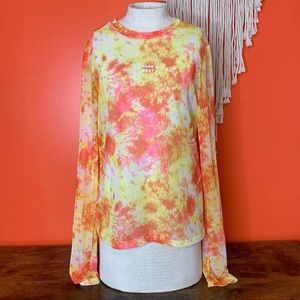 "Thank U Next" Retro 90s Y2K Style Mesh Sheer Long Sleeve Tye Dye Top
